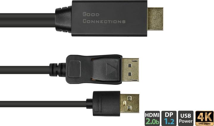 Produktbild Good Connections Adapterkabel HDMI 2.0b Stecker an DisplayPort 1.2 Stecker, 4K @60Hz, USB Power, vergoldete Kontakte (1 m, HDMI)
