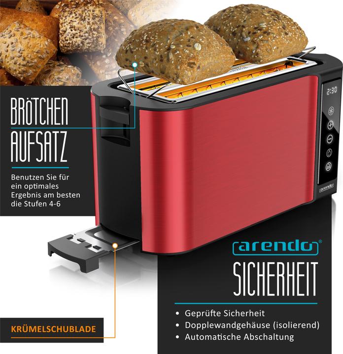 Image du produit Arendo Grille-pain en acier inoxydable 4 tranches à fente longue, support à petits pains, écran avec