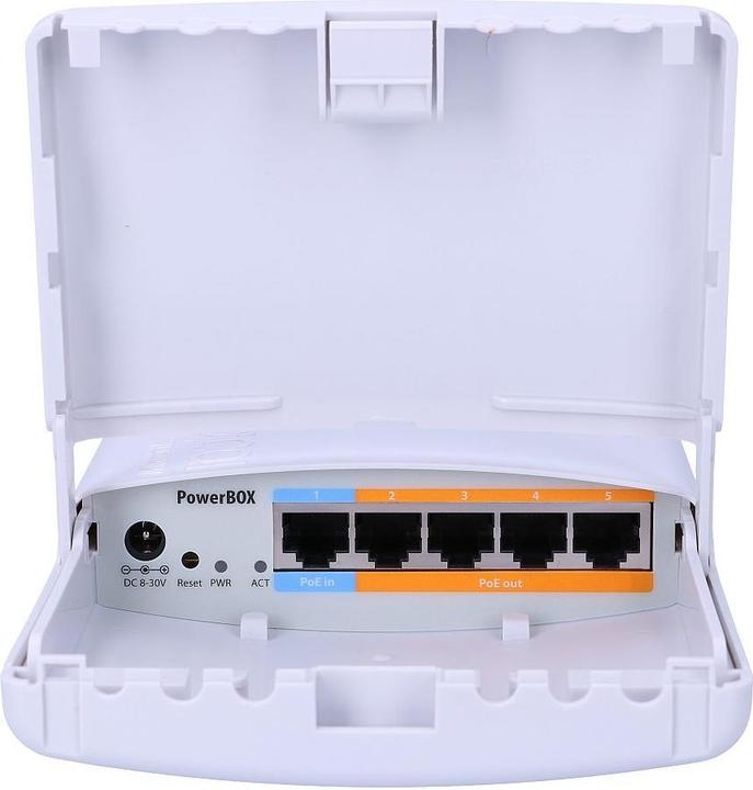Actual product image MikroTik PowerBox, RB750P, PBr2 PowerBox 64MB RAM, 5xLAN (four with PoE, OUT), L4, outdoor, PS...