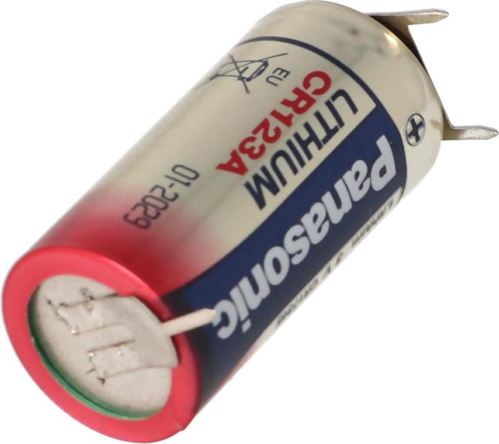 Actual product image Panasonic Battery CR123A with 3 print connection 2 print + 1 print - contacts (1 pcs., CR123A, 1600 mAh)