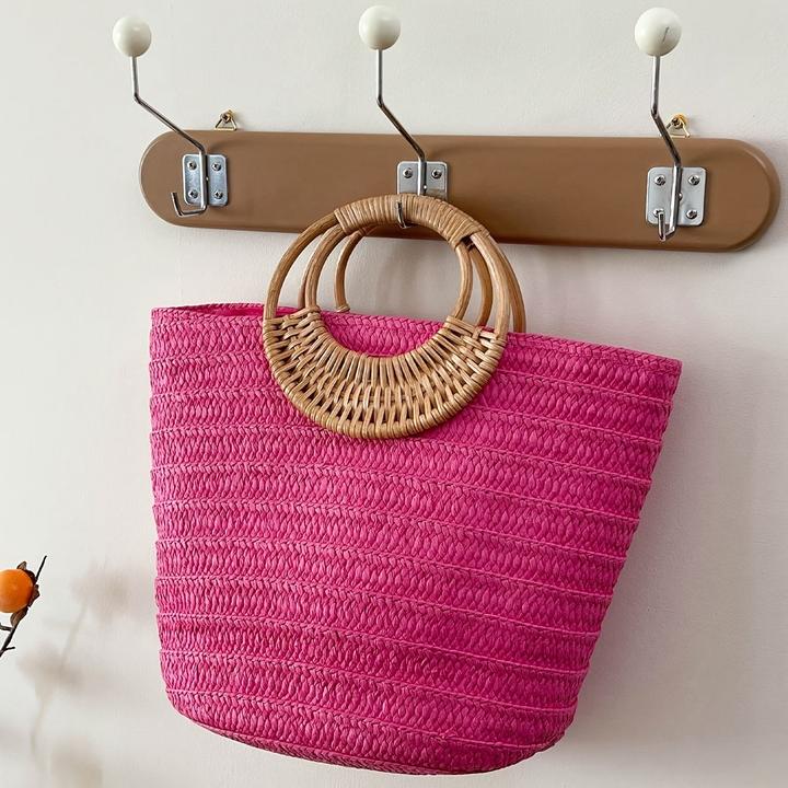 Actual product image Only-Bags.Store 1pc hohe Qualität, Sommer-Stil grosse Kapazität einfache Farbe gewebt Stroh runden Griff Strand