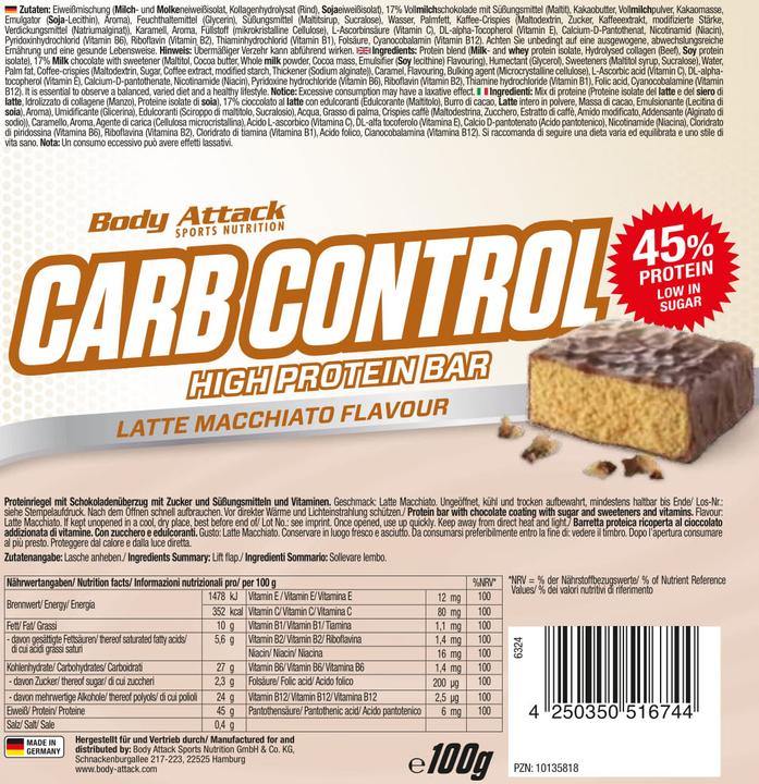 Produktbild Body Attack Carb Control (15x100g Riegel) (Stracciatella, 15 Stk., 1500 g)