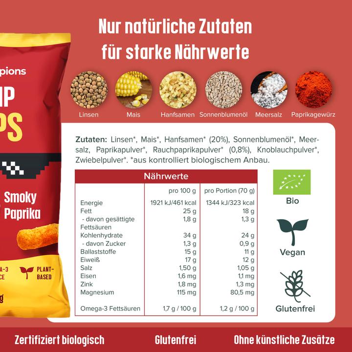 Nährwerte und Zutaten Hempions Bio Hanf Flips Smoky Paprika (70 g)