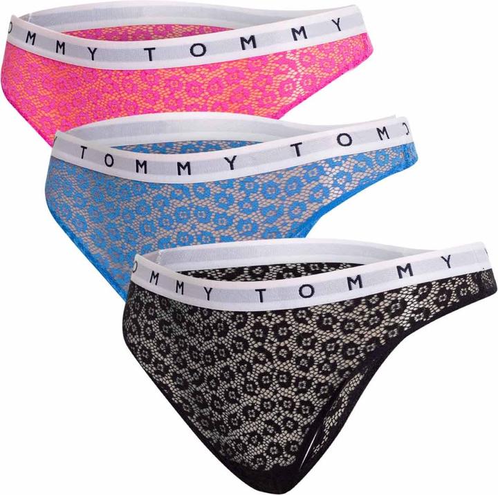 Tommy Hilfiger Damen 3P Full Lace Thong Tangahöschen, Pink Amour/Deep Sky Blue/Black, S (S/M)