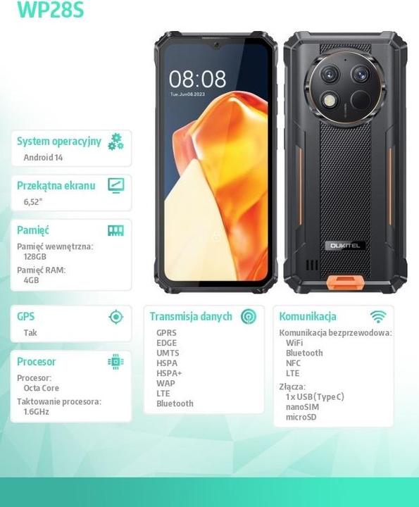 Actual product image Oukitel WP28S (128 GB, Orange, 6.52", Dual SIM, 13 Mpx, 4G)