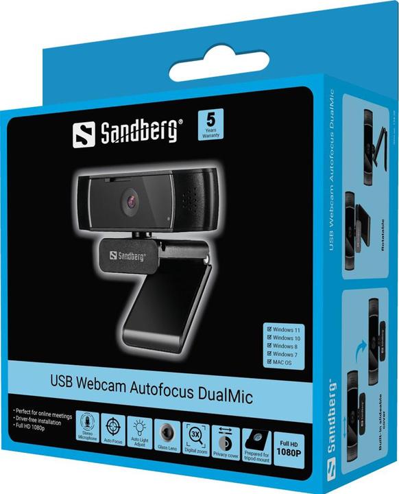 Produktbild Sandberg USB Autofocus DualMic Webcam 2,07 MP 1920 x 1080 Pixel USB 2.0 Schwarz (2.10 Mpx)