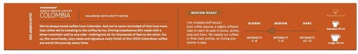 Valeurs nutritives et ingrédients Starbucks Colombia by Nespresso Medium Roasts (10 x Port.)
