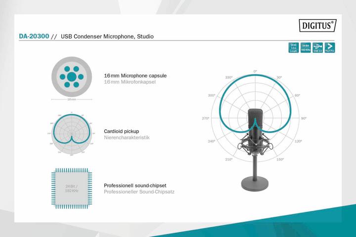 Image du produit Digitus Microphone à condensateur USB 1.5m 192kHz/24Bit