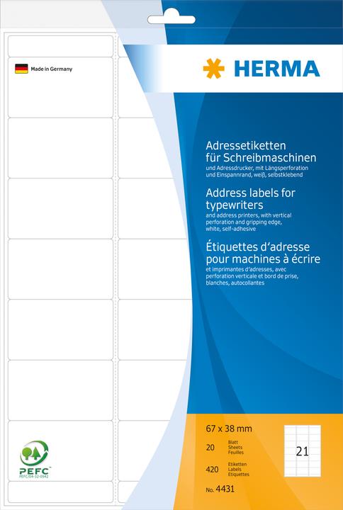 Productafbeelding HERMA Adresetiketten voor schrijfmachines A4