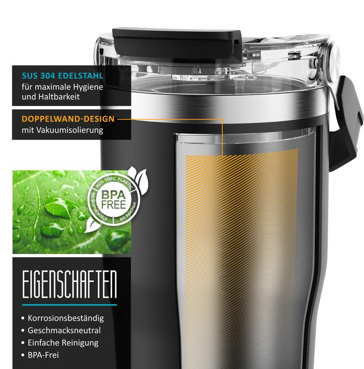Produktbild Arendo Thermobecher 600 ml, Thermal Mug, Kaffee to go Becher mit Deckel aus Edelstahl 0,6 L, auslaufsicher (0.60 l)