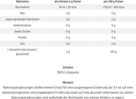 Nährwerte und Zutaten ESN Ultrapure L-Glutamine (1 Stück, Pulver, 500 g)