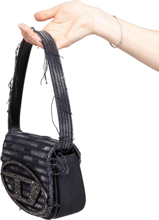 Actual product image Diesel 1dr shoulder bag in denim canvas with crystal appliques, black