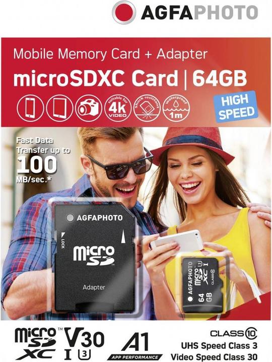 Produktbild AGFAPHOTO MicroSDXC UHS-I 64GB High Speed Class 10 U1 + Adapter (64 GB, microSDXC, U1, UHS-I)
