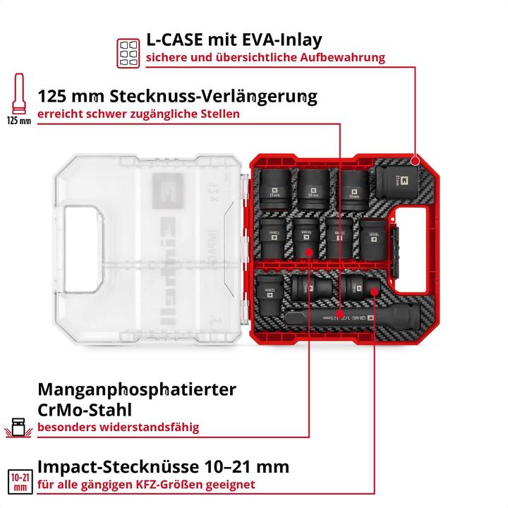 Actual product image Einhell Impact Stecknuss-Set, 109283, 12-teilig (18 mm, 15 mm, 11 mm, 21 mm, 16 mm, 12 mm, 14 mm, 17 mm, 13 mm, 19 mm, 10 mm)