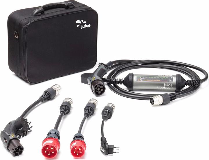 1 EV, 4 Household plugs, Extension cable + various accessories, JUICE BOOSTER 2 incl. 9 adapters: 4 industrial plugs