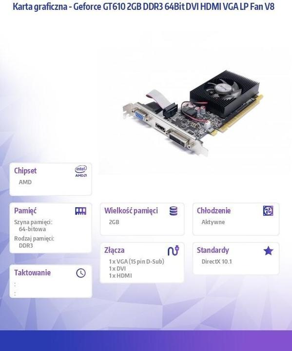 Actual product image AFOX Geforce GT610 2GB DDR3 64Bit DVI HDMI VGA LP Fan AF610-2048D3L7-V8 (2 GB)