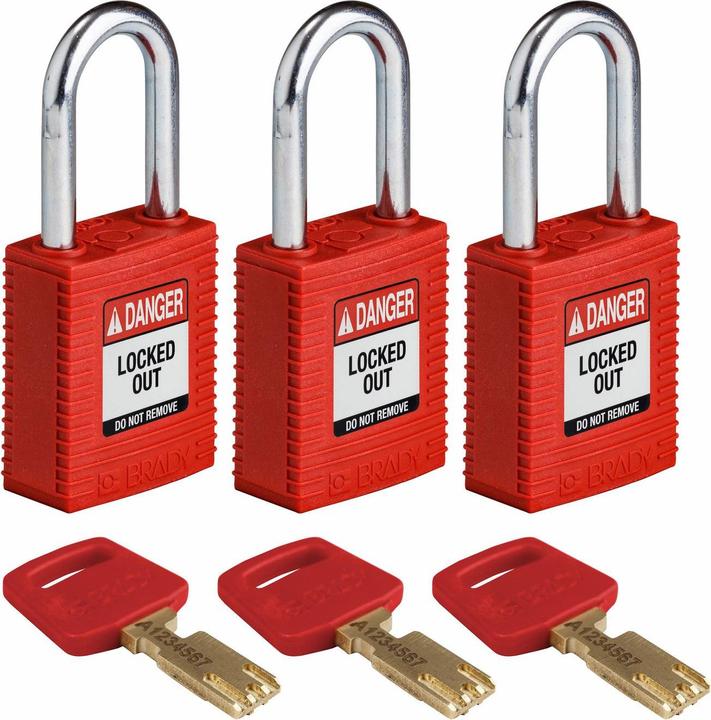Productafbeelding Brady Safekey nylon veiligheidsslot met stalen beugel, rood, beugelhoogte 38 mm, beugeldiameter 6,4 mm