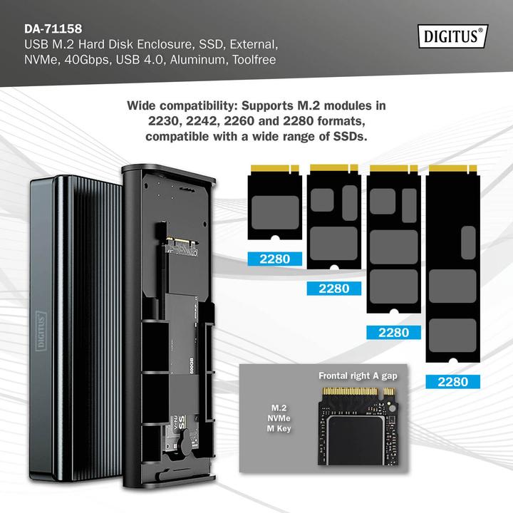 Immagine prodotto Digitus Alloggiamento per disco rigido USB M.2, SDD, esterno, NVMe, 40Gbps, USB 4.0, alluminio, senza attrez (M.2 2280, M.2 2230, M.2 2260, M.2 2242)