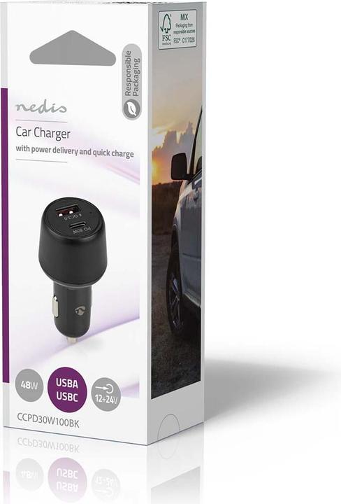 Actual product image Nedis 1xUSB-C PD 30W and 1xUSB-A QC3 Power Delivery black