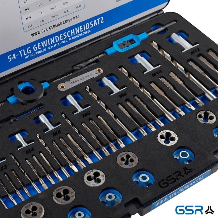 Actual product image GSR 48 pcs HSS threading assortment with internal and external thread guides M3-M12