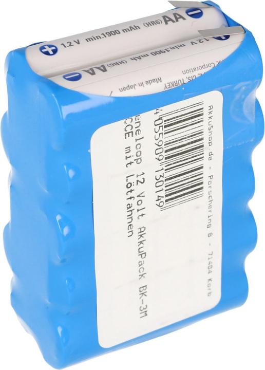 Actual product image Sanyo Eneloop 12 Volt Akku BK-3MCCE mit Lötfahnen (1 pcs., 2000 mAh, Battery + charger)