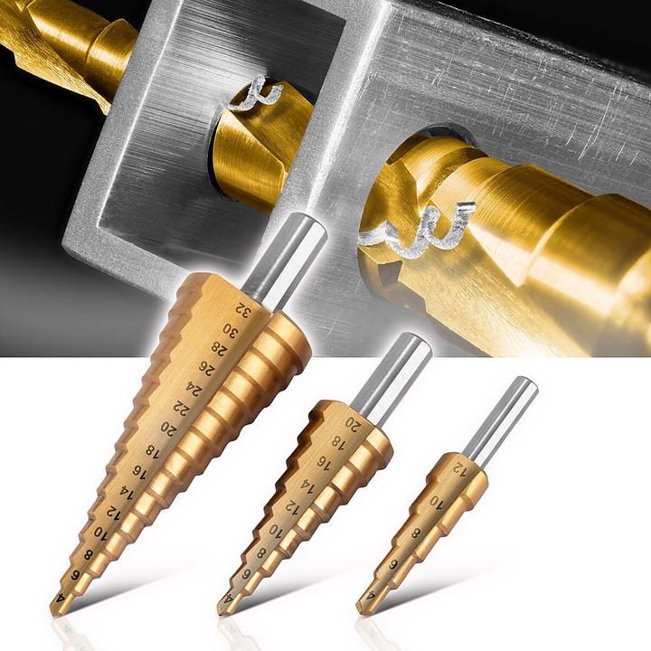 Actual product image Stahlwerk HSS step drill bit set of 3 TiN-coated drill bits with aluminium box (4-12mm, 4-20mm, Ø 4-32mm)