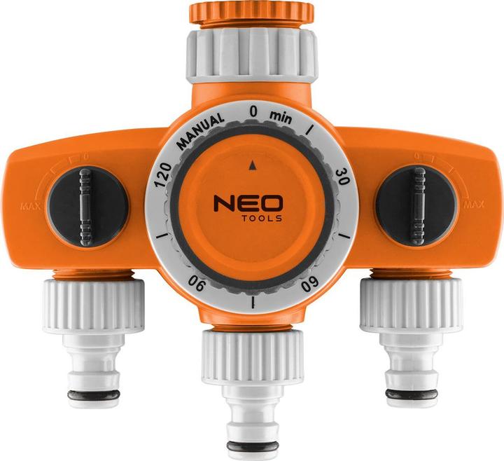 Produktbild Neo 3-Ventil-Verteiler, 2 Ausgänge mit Blockierung, einer mit Zeitschaltuhr (Bewässerungsuhr)
