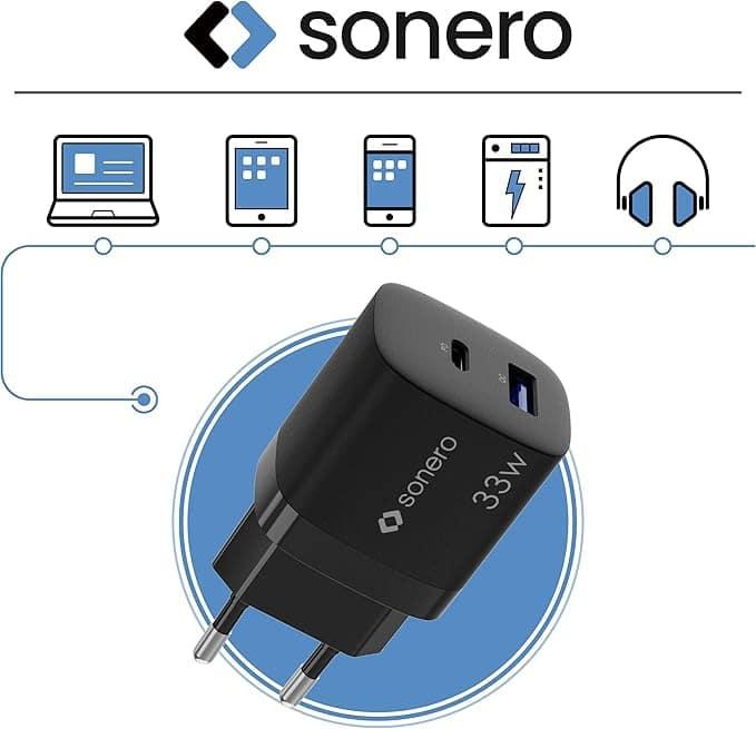Immagine prodotto Sonero Caricatore USB-C e USB-A GaN - 2 porte - 33W PD - nero (33 W)
