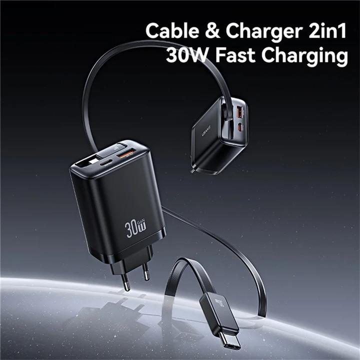 Immagine prodotto Usams CC296 30W Fast Charger With Retractable Type-C Cable (EU) - Xiang Series White (30 W)