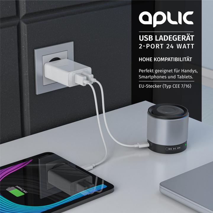 Produktbild Aplic USB Ladegerät 4800 mA, 2 Port Nezteil mit Smart Charge + Solid Charge, Leistungsstarke 24W, weiss (24 W)