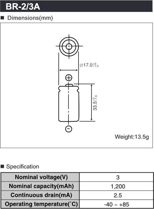 Image du produit Panasonic Batterie BR-2/3 A mit Lötfahnen in Z-Form (1 pcs, A23, 1200 mAh)