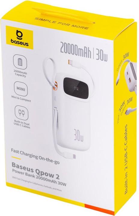Actual product image Baseus Powerbank QPow 2 20000mAh 30W 2xUSB-C (white) (20000 mAh, 30 W, 30 Wh)