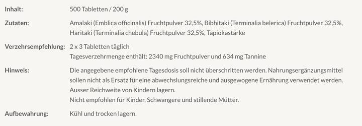 Nährwerte und Zutaten Classic Ayurveda Triphala, Bio - gross (400 Stück, Tabletten, 200 g)