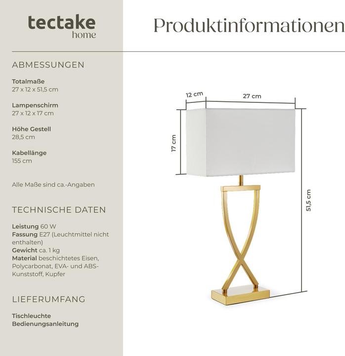 Image du produit tectake lampe de table Avina, design moderne, 60W (E27)