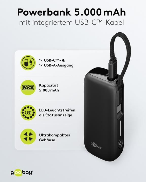 Actual product image Goobay Powerbank 5.000 mAh mit integriertem USB-C-Kabel (5000 mAh, 15 W, 15 Wh)