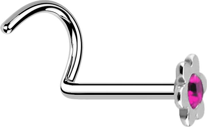 Image du produit Star Piercing Nasenstecker gebogen silber mit Blume und Kristall pink (sans laiton, Acier chirurgical 316L)