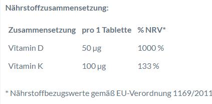 Nährwerte und Zutaten Doppelherz system Vitamin D3 + K2 2000 Tabletten, 120 St. Tabletten (120 Stück, Tabletten)