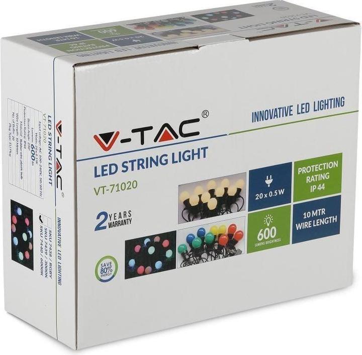 Produktbild V-TAC Garten Girlande (String) LED 10 Meter 20 Glühbirnen 0 5W VT-71020 RGBY 600lm (600 lm, IP44)