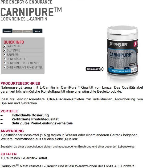 Nährwerte und Zutaten Sponser Carnipure (1 Stück, Pulver, 150 g)