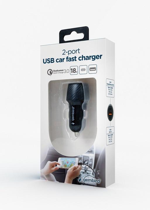 Actual product image Gembird 2-port USB car fast charger, Type-C PD, 18 W, black