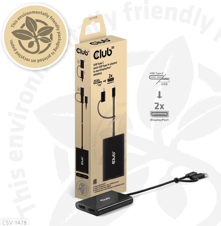 Actual product image Club 3D Club3D Adapter USB-C > 2x DP 4K@60Hz with USB-A Adapter St/Bu retail (USB-A, 27.50 cm)