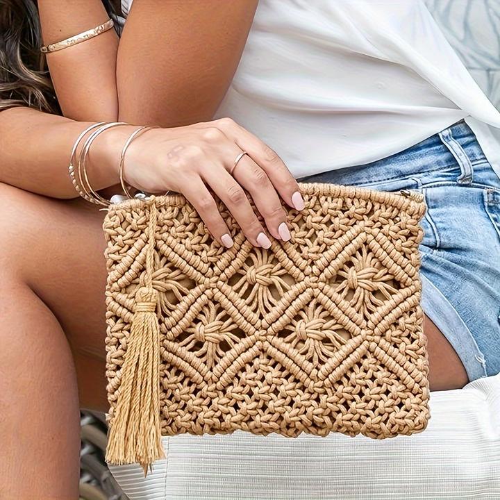 Immagine prodotto Only-Bags.Store Pochette in paglia intrecciata, pochette scavata, borsa da viaggio casual per la spiaggia estiva
