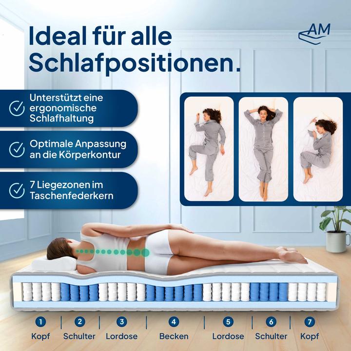 Produktbild AM Qualitätsmatratzen Orthopädischer 7-Zonen Taschenfederkern (70 x 200 cm, Federkern)