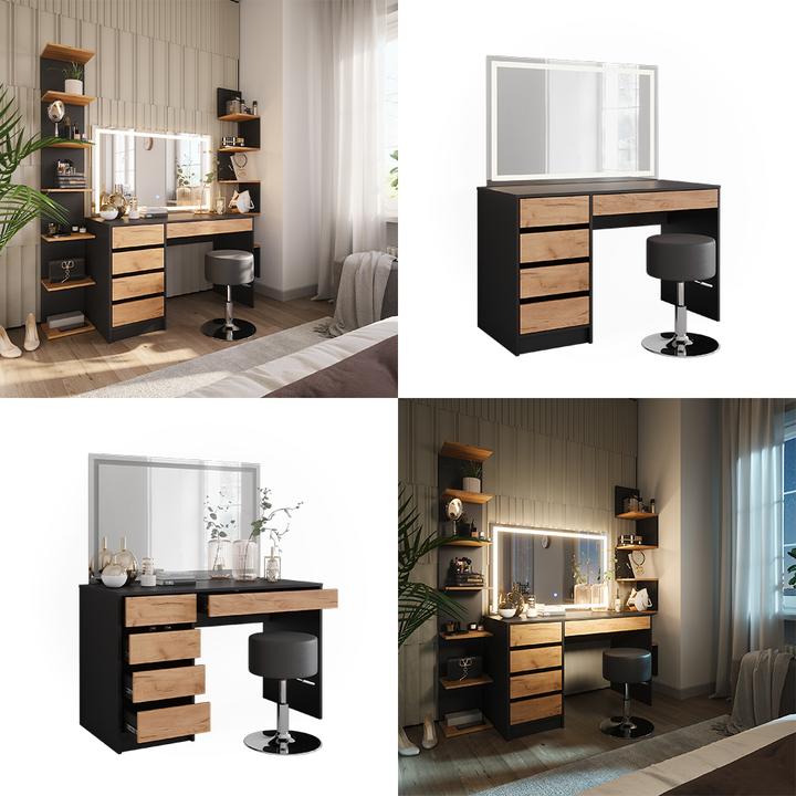 Actual product image Vicco Dressing table Sherry, Anthracite/golden oak, 120 x 75 cm with LED mirror and stool (120 x 75 x 55 cm)