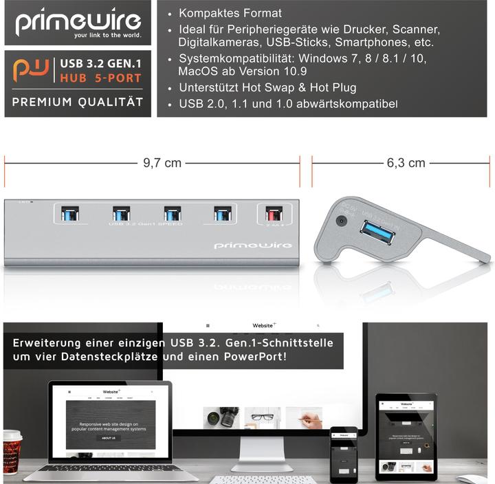 Actual product image Primewire 5 port USB 3.2 Gen.1 hub active with power supply & USB cable, USB 3.0 data hub 5 Gbit/s, USB smart (5 Ports)