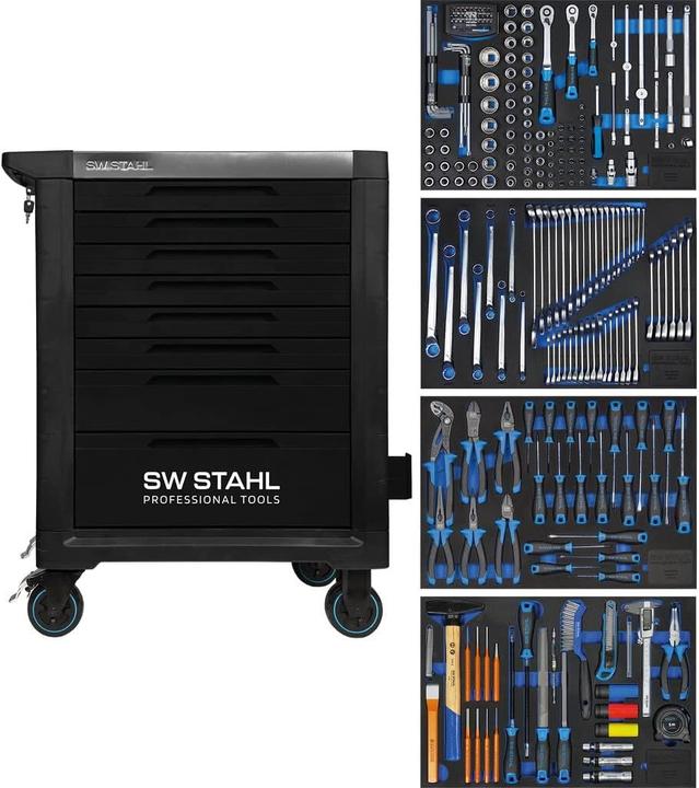 SW-Stahl Z3114 Professional workshop trolley TT801 black I 8 drawers I 4 drawers filled I 246 parts (246 x)