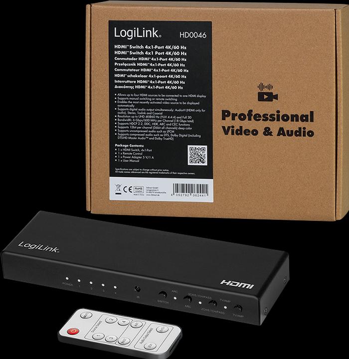Actual product image LogiLink HDMI switch, 4x1 port, 4K/60 Hz, HDCP, HDR, ARC, Audio Extract, RC