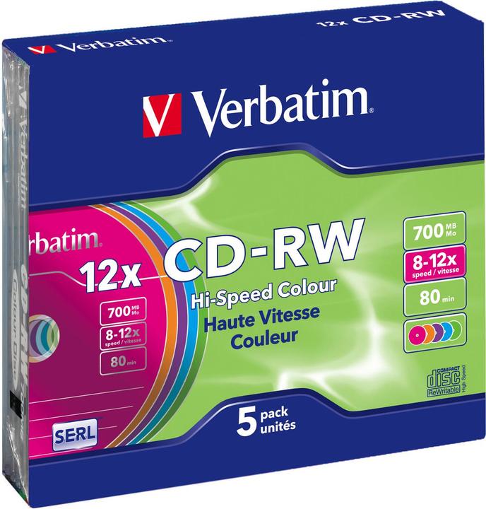Produktbild Verbatim CD-RW, 12x, 700MB, 5er Pack, Colour (5 x)
