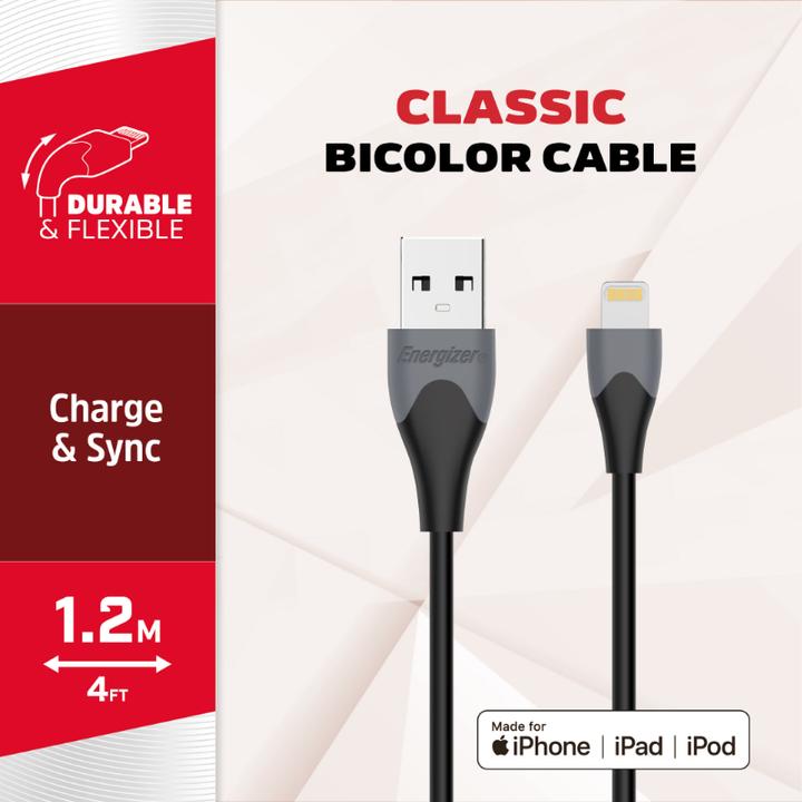 Immagine prodotto Energizer Cavo classico lightning bicolore 1,2 m nero (1.20 m, USB 1.0)