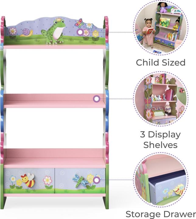 Actual product image Teamson Magic Garden children's wooden bookcase, 3-tier with storage space & drawer Colourful